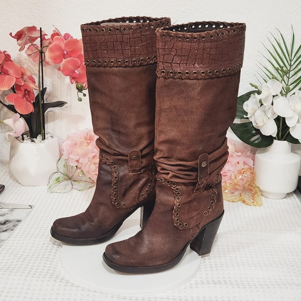 Steve Madden "Applaud" Luxe Brown Western Eyelet Heeled Knee Boots Size 11